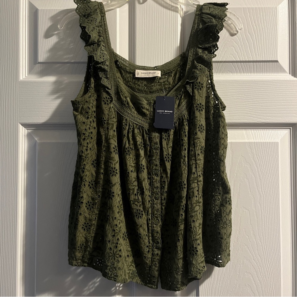 Lucky Brand Shirt Womens Size S Green Tank Top Eyelet Lace Floral Bohemian-New